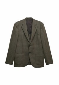 Brązowy żakiet w kratę houndstooth z klapami, dwoma guzikami i dwiema przednimi kieszeniami. Podszewka z gładką teksturą.