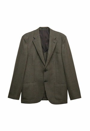 Ruskea houndstooth-bleiseri, jossa on lovetettu kaulus, kaksi nappia ja kaksi etutaskua. Vuorattu sisus, jossa on sileä pintakuvio.