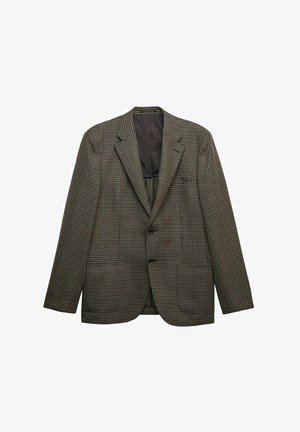 Brauner Hahnentritt-Blazer mit Spitzentaschen, zwei Knöpfen und zwei Fronttaschen. Gefüttertes Innenleben mit glatter Textur.