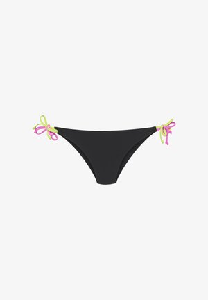Black bikini bottom with a smooth texture, featuring colorful ties in green and pink on either side for adjustable fit.