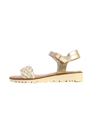 Kilesandal med metalisk guld ankelrem og fletet stof frontstrimmel, beige polstret sål og justerbar spænde i guld.