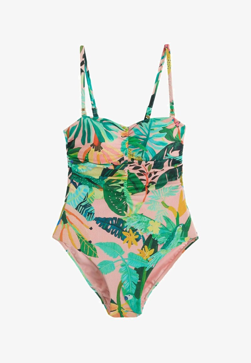 Maillot de bain une pièce avec bretelles réglables, présentant un imprimé tropical de feuilles vertes, de fleurs jaunes et d'oiseaux colorés sur un fond rose.