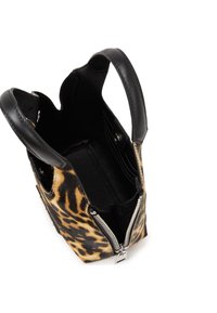 Leopard-print leather handbag with black leather handles and zipper closure. Interior features card slots and a smooth black lining.