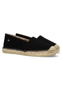 Espadrilles nere in suede con dettagli in corda di juta attorno alla suola e punta rotonda. Texture liscia, design minimalista e un accento con il logo.