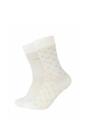 Calzini bianchi a metà polpaccio con un delicato motivo floreale beige e bordi a coste, mostrati affiancati su uno sfondo bianco.