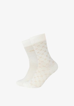 Weiße knielange Socken mit einem dezenten, beigen Blumenmuster und gerippten Bündchen, nebeneinander auf weißem Hintergrund dargestellt.