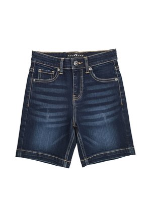 Shorts in denim blu scuro con tasche frontali, passanti per cintura e cuciture a contrasto, con chiusura a bottone e zip.