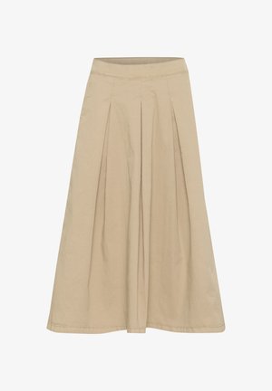 Falda plisada beige con una textura suave, diseño hasta las rodillas y una cinturilla ajustada. Fabricada en un tejido ligero con detalles de costura sutiles.