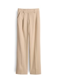 Beige hoge taille broeken met een rechte pasvorm, voorzien van twee zijzakken en voorvouwen. Gemaakt van een gladde, lichte stof.