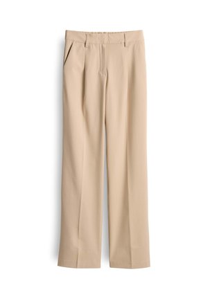 Beige, hoch taillierte Hose mit geradem Schnitt, ausgestattet mit zwei Seitentaschen und Vorderfalten. Hergestellt aus einem glatten, leichtgewichtigen Stoff.