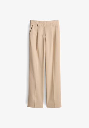 Pantalons beiges taille haute à coupe droite, dotés de deux poches latérales et de plis sur le devant. Fabriqués dans un tissu lisse et léger.