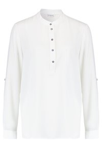 Camicia bianca a maniche lunghe con collo alla cinese e cinque bottoni grigi sulla parte frontale. Presenta polsini con bottone per una vestibilità regolabile.