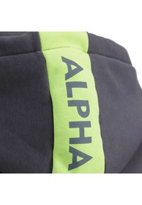 Šedý materiál mikiny s jasně zeleným pruhem, na kterém je slovo "ALPHA" vytištěno tučným šedým písmem. Jemná textura s uvolněným designem.