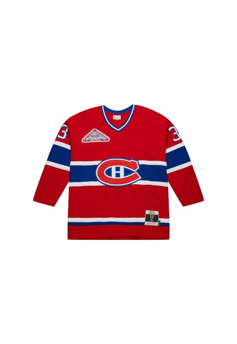 Maglietta da hockey rossa dei Montreal Canadiens con strisce blu e bianche, numero 33 sulle maniche, e logo della squadra sul petto e sulla spalla.