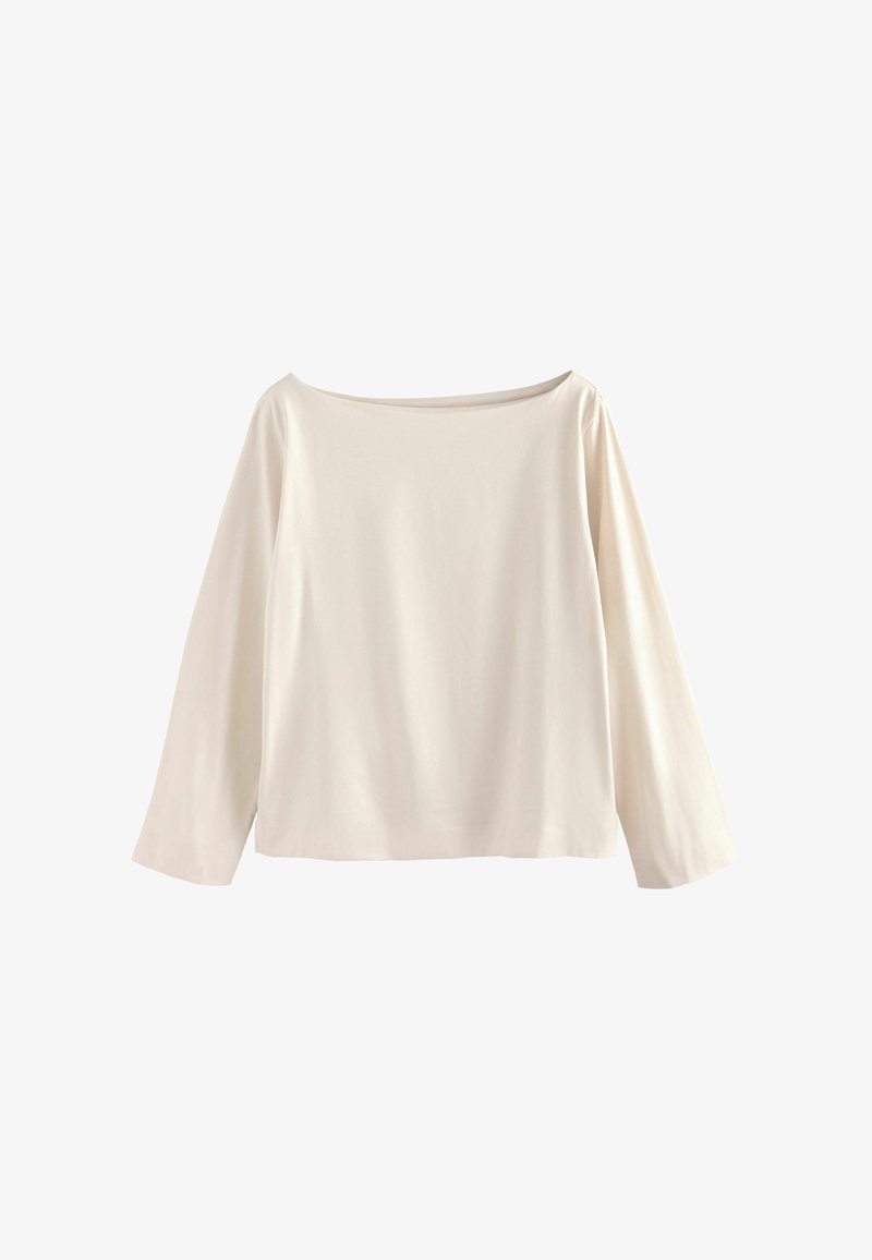 Off-white, long-sleeve shirt with a wide boat neckline and a straight hem, displayed against a white background.
