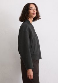 Grijze geknipte bomberjack van gebreide stof, met ribgebreide manchetten, een staande kraag en een voorzak. Gladde textuur en slanke pasvorm.