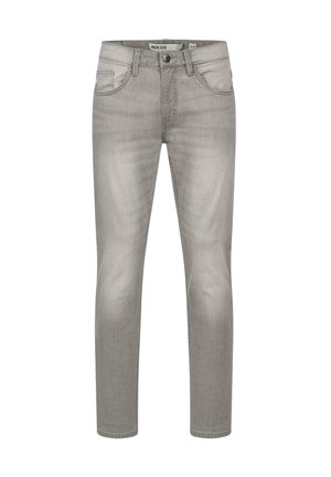 Helle graue Denim-Jeans mit slim Fit. Zu den Merkmalen gehören fünf Taschen, ein Knopf- und Reißverschluss sowie leichte Gebrauchsspuren auf dem Stoff.