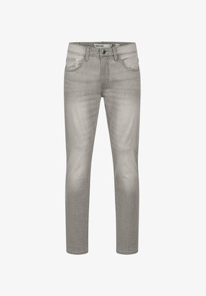 Light gray denim jeans with a slim fit. Features include five pockets, a button and zipper closure, and faint distressing on the fabric.
