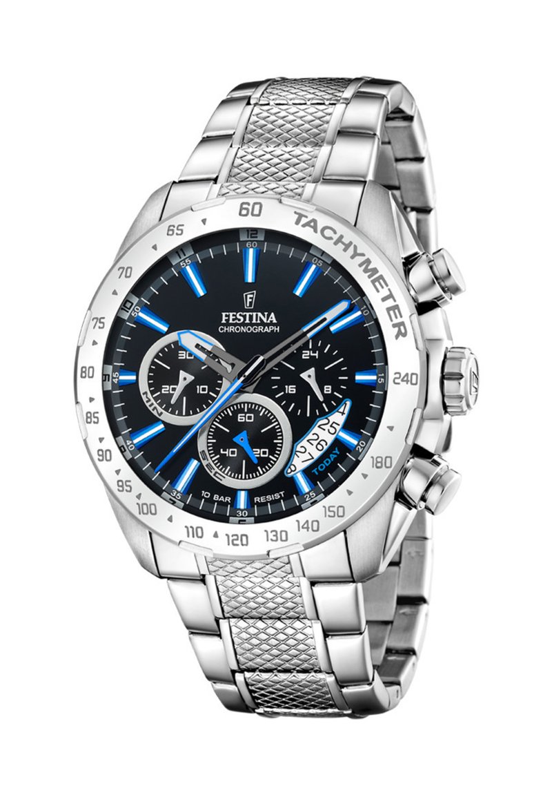 Orologio cronografo con quadrante nero, cinturino in maglia d'acciaio inossidabile argentato, accenti blu luminosi, lunetta tachimetrica e diversi sub-quadranti.