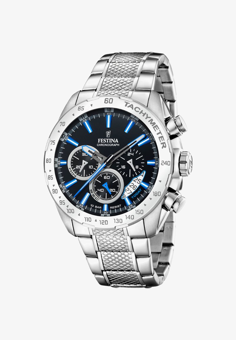 Orologio cronografo con quadrante nero, cinturino in maglia d'acciaio inossidabile argentato, accenti blu luminosi, lunetta tachimetrica e diversi sub-quadranti.