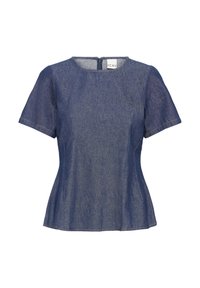 Haut en denim à manches courtes, col rond et fermeture éclair au dos. Taille cintrée et ourlet évasé ; couleur bleu profond avec texture subtile.