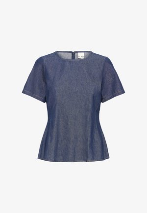 Lühikeste varrukatega teksatopp, ümara kaelusega ja tagumise tõmblukuga. Omab liibuvat vööd ja lahkuvat ääreosa; sügavsinine värv peene tekstuuriga.