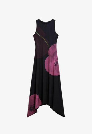 Mouwloze jurk tot op de knie, gemaakt van zachte stof. Heeft een zwarte achtergrond met grote roze bloemenprints. Asymmetrisch zoomontwerp.