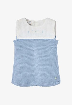 Robe bébé sans manches avec corps en tricot bleu clair et col carré blanc orné d'une broderie bleue discrète et d'un petit bouton de marque.