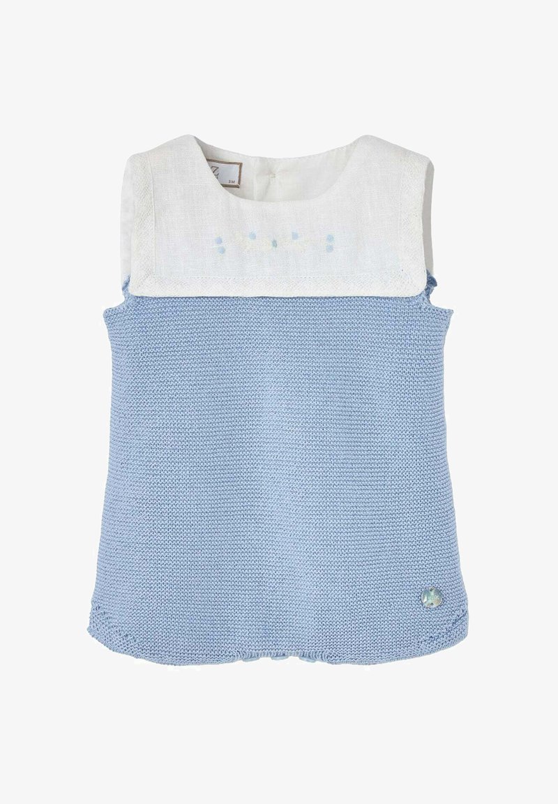 Vestito senza maniche per bambini con corpo in maglia azzurro chiaro e colletto quadrato bianco con ricamo azzurro tenue e un piccolo bottone con marchio.