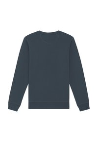 Donkerblauw sweatshirt met lange mouwen, ronde hals, ribbelmanchetten en tailleband. Zachte stof met een gladde textuur en minimale details.