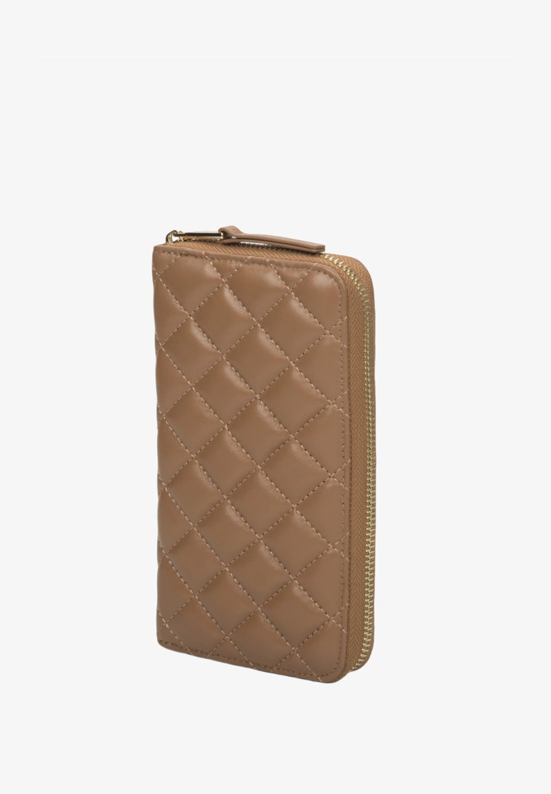 Quilted brown leather wallet with a zip closure, featuring a diamond pattern and a gold-tone zipper detailing. Compact and rectangular shape.
