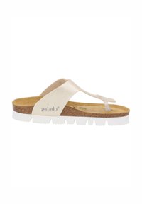 Sandalo in pelle color oro chiaro con cinturini curvi, soletta in sughero e suola bianca e robusta. Presenta il logo del brand sul lato.