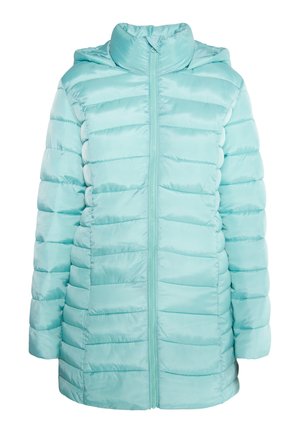 Giacca a vento imbottita di un azzurro chiaro con cappuccio. Caratteristiche: zip frontale, texture a righe verticali e una finitura di tessuto liscia e lucida.