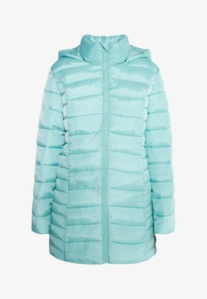 Hele teal värvi puffer-jakk kapuutsiga. Omab esimest tõmblukk, vertikaalset õmblustekstuuri ja siledat, läikivat kangast viimistlust.