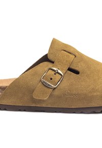 Brown suede slip-on sandal featuring a wide strap with a metal buckle and cutout detail, cork midsole, and textured rubber outsole.