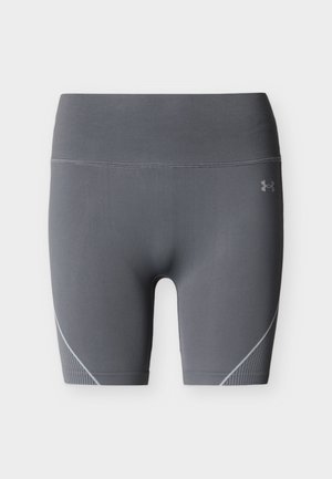 Tmavosivé vysoký pás športové šortky s jemným šitím a logom Under Armour na pravej stehne, navrhnuté pre výkon a pohodlie.