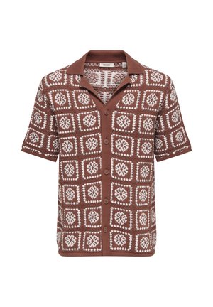 Cardigan marron à manches courtes avec motifs floraux blancs, col avec revers et fermeture à boutons sur le devant. Texture tricotée avec une coupe décontractée.