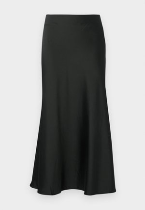 Fekete selyem szoknya, flared sziluettel, középhosszú fazon, sima textúrával, egyszerű, díszítések nélküli derékrésszel.