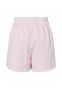 Short rose clair avec taille élastique et broderies florales délicates sur tout le tissu.