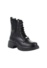 Czarne kozaki za kostkę wykonane z gładkiej skóry, z masywnym obcasem, sznurowanym przodem i pętelką z tyłu ułatwiającą zakładanie.