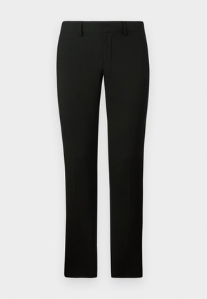 Pantaloni neri con una vestibilità sartoriale, caratterizzati da una superficie liscia e un design a gamba dritta. La vita ha passanti per la cintura e una finitura pulita.