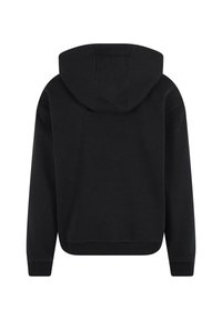 Schwarzer Hoodie mit weicher Textur, ausgestattet mit einer Kapuze und gerippten Bündchen. Die Rückseite ist schlicht und ohne Verzierungen, was ein minimalistisches Design gewährleistet.
