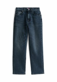 Jeans de mezclilla de color azul oscuro con corte recto, diseño de cinco bolsillos, cierre de botón y un patrón de desgastado ligero. Dobladillo y cintura con costura.