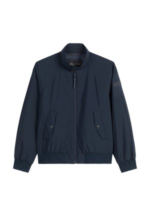 Marineblauwe bomberjack gemaakt van lichtgewicht stof, voorzien van een ritssluiting aan de voorkant, een hoge kraag, elastische boorden en twee zakken met drukknopen.