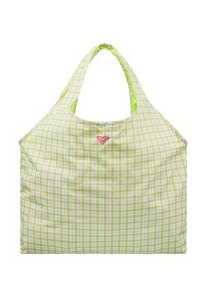 Lichtgroene en witte geruite draagtas met een klein roze hartje in het midden en zachte stoffen handvatten.