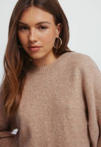 Maglione a maglia marrone chiaro con scollo a costine e vestibilità ampia. Texture morbida con un motivo sottile, completato da orecchini a cerchio.