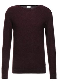 Burgundowa dzianinowa sweter z długimi rękawami, okrągłym dekoltem i ribbowymi mankietami. Teksturowana tkanina z delikatnym wzorem. Prosty, jednolity design.