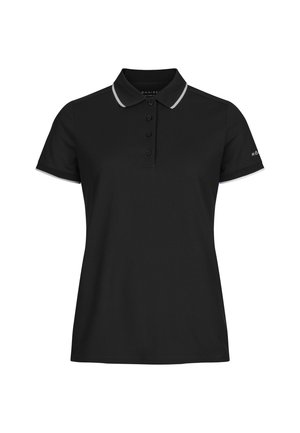 Sort polo t-shirt med korte ærmer og hvid kant ved krave og ærmer, med en fire-knaps åbning og lille logo på venstre ærme.
