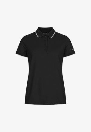 Sort polo t-shirt med korte ærmer og hvid kant ved krave og ærmer, med en fire-knaps åbning og lille logo på venstre ærme.