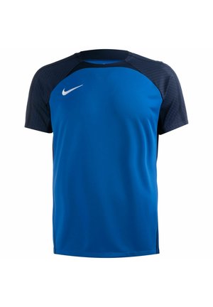 Blauwe sportieve t-shirt met korte mouwen en marineblauwe accenten, een ronde hals en een wit Nike-logo op de borst. Lichtgewicht, ademende stof.